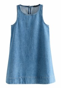 Denimkleid, ärmellos, hellblaue Farbe, lockere Passform, mit rundem Halsausschnitt und einer Schlüsselöffnung im Rücken, mit minimalen Nähdetails.