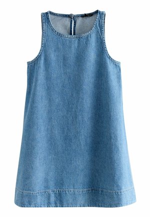 Abito in denim, senza maniche, di colore azzurro chiaro, vestibilità rilassata, presenta un collo rotondo e un'apertura a chiave sul retro, con dettagli di cucitura minimi.