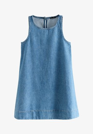 Rochie din denim, fără mâneci, de culoare albastru deschis, cu croi lejer, prezintă un guler rotund și o deschidere în formă de cheie la spate, cu detalii de cusătură minime.