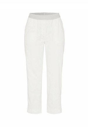 Weiße Hosen mit einem strukturierten, hellgrauen elastischen Bund, ausgestattet mit Seitentaschen und einem geraden Bein Design. Glattes, leichtes Material.