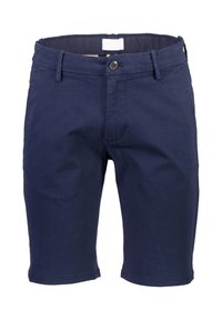 Mörkblå bomullsshorts med knäppning, bältesöglor och en slät yta. Har en klassisk design med rak benmodell.