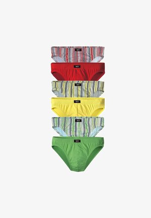 Sechs Paare Herrenunterwäsche in verschiedenen Farben: rot, gelb, grün und mit gestreiften Mustern. Das Material scheint glatt zu sein, mit elastischen Taillengummis und Etiketten.
