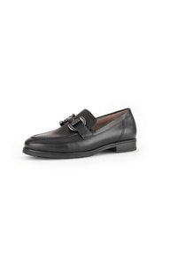 Black leather loafers with a square toe, featuring a silver-tone buckle detail on the vamp and a low stacked heel. Smooth finish.