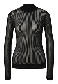 Czarny długi rękaw top z wysokim kołnierzem, z przezroczystym, prążkowanym wzorem. Miękka tekstura z prążkowanymi akcentami przy mankietach i u dołu.