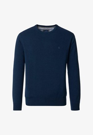 Marineblauer Rundhalsausschnitt-Pullover aus weichem Strickmaterial, mit langen Ärmeln und geripptem Saum sowie Bündchen; dezentes Logo auf der Brust.