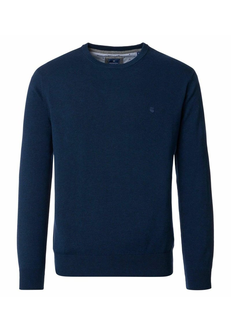 Marineblauwe crew neck trui van een zachte brei stof, met lange mouwen en een geribbelde zoom en manchetten; subtiele logo op de borst.