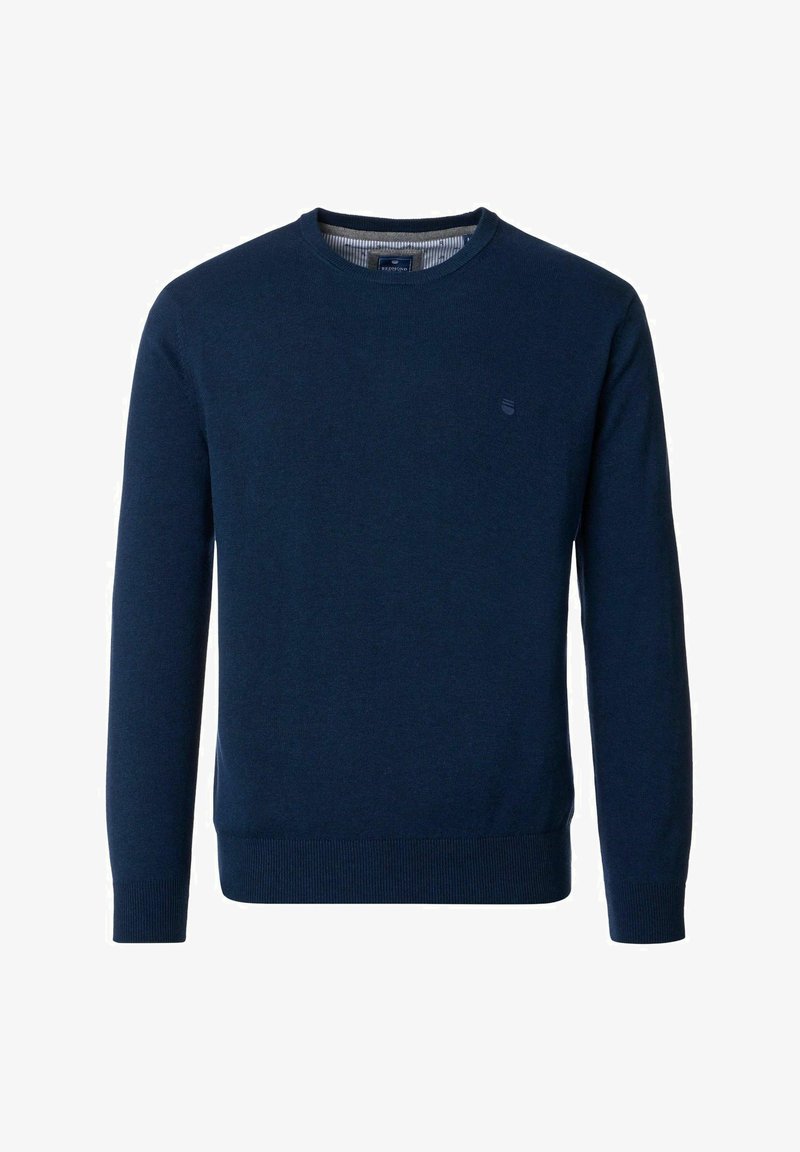 Granatowy sweter z okrągłym dekoltem, wykonany z miękkiej dzianiny, z długimi rękawami oraz prążkowanym wykończeniem u dołu i na mankietach; subtelne logo na piersi.