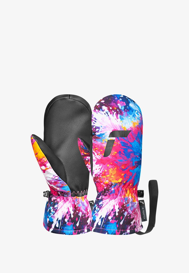 Bunte Fäustlinge mit einer schwarzen Lederhandfläche, abstrakten Spritzmustern in Pink, Blau und Gelb, elastischen Bündchen mit einem Sicherungsriemen.