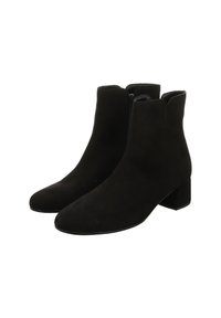 Stivaletti neri in suede, con punta affilata, tacco a blocco di altezza media e lunghezza alla caviglia, dotati di zip laterale per una facile indossabilità.