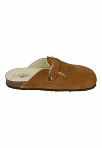 Brown suede slipper with a rounded toe, shearling lining, and a button strap detail; flat cork sole with a textured black outsole.