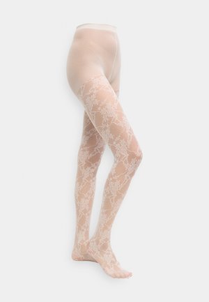 Przezroczyste białe rajstopy z misternym wzorem kwiatowej koronki i gładką teksturą, posiadające bezszwowy górny pas oraz otwarty krój na palce.
