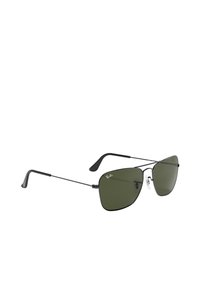 Occhiali da sole Ray-Ban con lenti verde scuro, montatura in metallo nero, design angolare, naselli prominenti e montanti curvi.