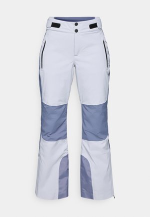Pantalones de esquí hechos de una mezcla de tela blanca y azul claro. Presenta dos bolsillos laterales con cremallera, cintura plana con dos botones y un diseño de pierna acampanada.