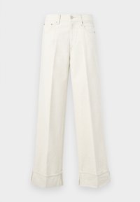 Wijduitlopende crèmekleurige broek van katoen, met een dubbele zoom en riemlussen. Ontworpen met twee zijzakken en een knoopsluiting aan de voorkant.