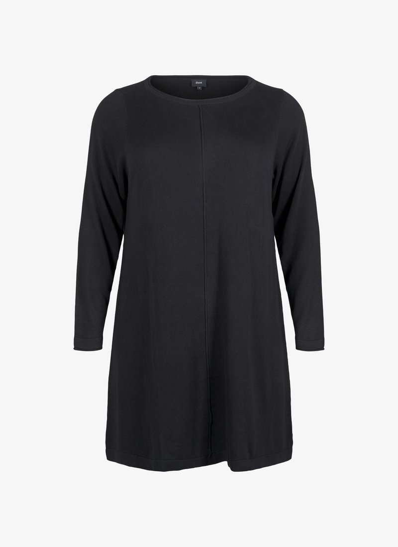 Schwarzes langärmliges Kleid mit rundem Ausschnitt, aus weichem Stoff. Verfügt über einen geraden Schnitt und eine Mittelnaht-Detail entlang der Vorderseite.