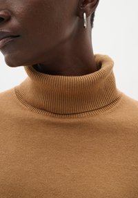 Brun rullekrave-sweater med ribbet hals. Glat tekstur, figursyet design og et tæt udsnit, der fremhæver halsudskæringen og farven.