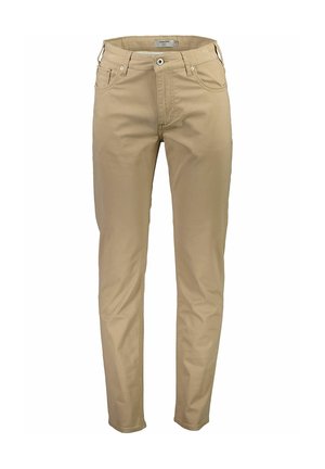 Beige katoenen chinos met een slim fit, vijf-pocket ontwerp, metalen knoopsluiting en subtiele stiksels op de tailleband en zakken.