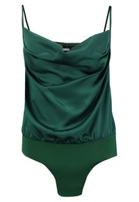 Vihreä satiininen bodysuit ohutolkaimilla, jossa on roikkuva etuosa ja kiinteä alaosa. Sileä pinta, istuva malli ja ei näkyvää metalliosaa.
