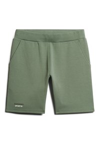 Pantaloni sportivi in misto cotone verde con vita elastica, tasche laterali e dettagli logo sottili all'orlo. Tessuto liscio e design alla lunghezza del ginocchio.