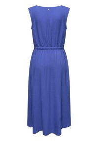 Blaues ärmelloses Kleid mit elastischem Bund, das ein tailliertes Oberteil und einen fließenden Rock hat, abgerundet mit einem metallischen Knopf auf der Rückseite.