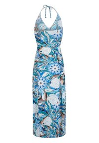 Blomstrede maxikjole i blå, hvid og brun nuancer. Har en halterneck, tætsiddende bodice og en flydende nederdel med et tropisk mønster.