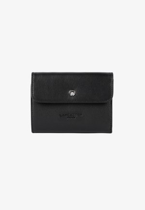 Black leather wallet with a fold-over flap, featuring a snap closure and embossed "LANCASTER PARIS" branding on the front. Smooth texture.