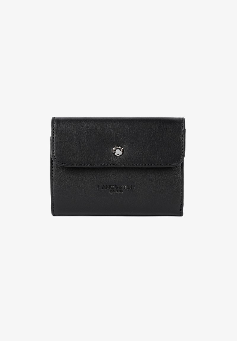 Black leather wallet with a fold-over flap, featuring a snap closure and embossed "LANCASTER PARIS" branding on the front. Smooth texture.
