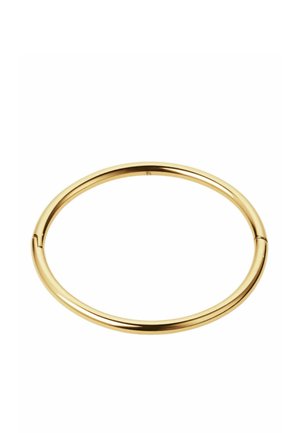 Bracelet jonc fin en or lisse avec une forme ronde simple et un petit fermoir sur fond blanc.