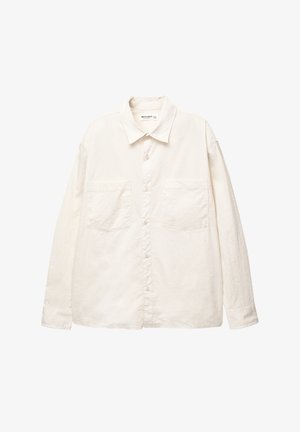 Hvid skjorte med knap-krave, lavet af tekstureret stof, med to forlommer og lange ærmer med knapmanchetter.