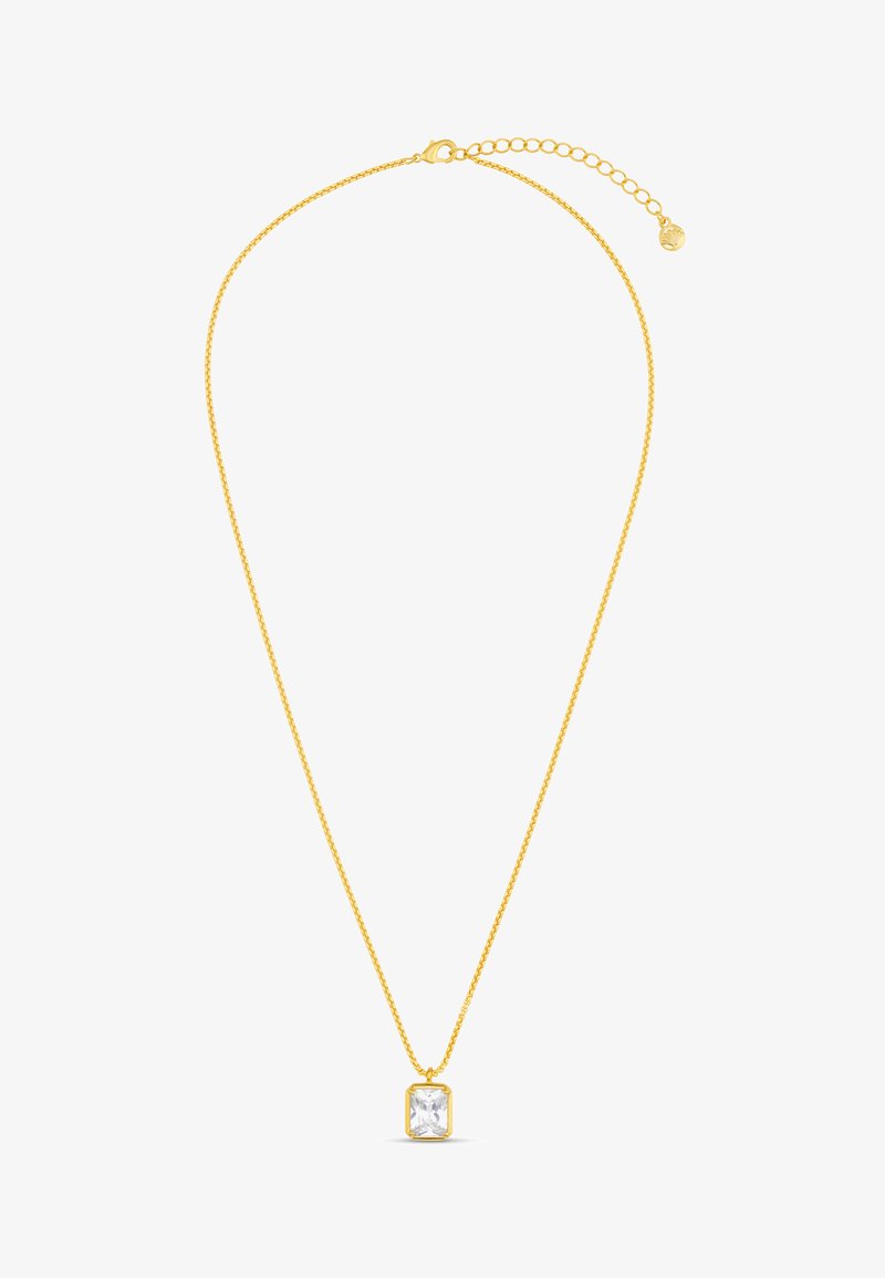 Auksinė grandinėlė su stačiakampiu skaidriu akmeniu pakabuku. Grandinėlė turi vėrinuką su krabų tipo užsegimu ir reguliuojamo ilgio su jungtimis.