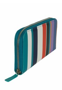 Zippered wallet in mixed materials features vertical stripes in various colors, including teal, white, navy, and orange. Textured finish.