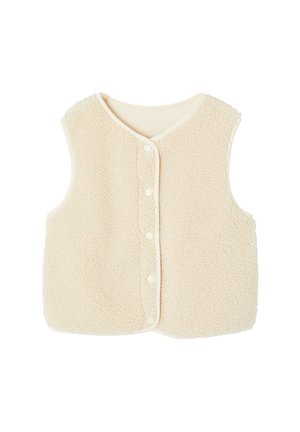 Cremefarbene, ärmellose, flauschige Fleeceweste mit rundem Ausschnitt und fünf vorderen Druckknöpfen.