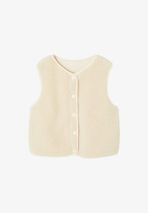 Cremefarbene, ärmellose, flauschige Fleeceweste mit rundem Ausschnitt und fünf vorderen Druckknöpfen.