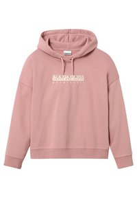 Sudadera con capucha rosa de corte holgado y puños de canalé. Presenta un estampado gráfico blanco con "NAPAPIJRI geographic" en el centro.