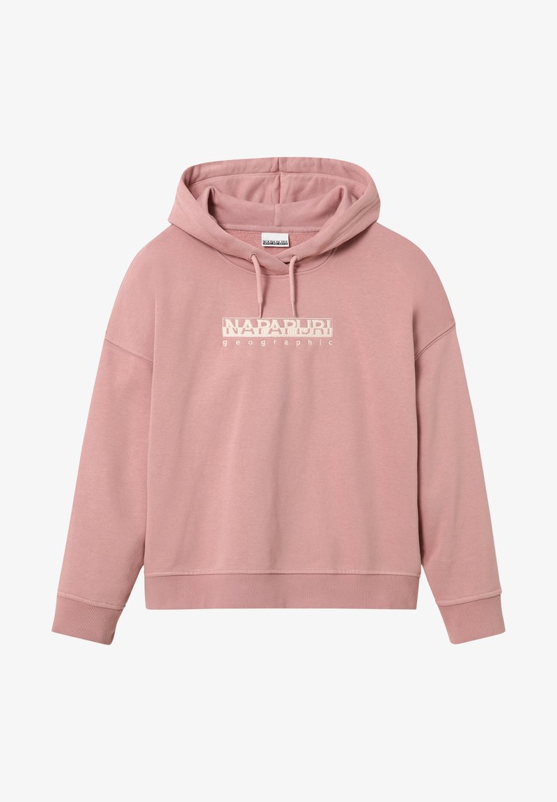 Rosa Kapuzenpullover mit lockerem Schnitt und gerippten Bündchen. Mit weißem Grafikdruck in der Mitte mit der Aufschrift "NAPAPIJRI geographic".