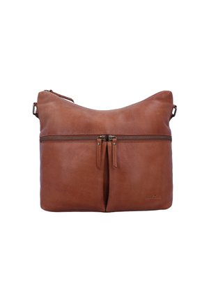 Braune Leder-Schultertasche mit zwei vorderen Reißverschlusstaschen und einem oberen Reißverschluss, mit glatter Textur und verstellbaren Riemenschlaufen.