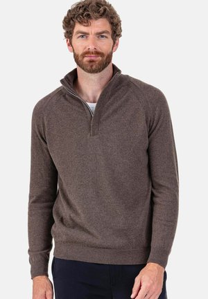 Brauner Pullover mit langen Ärmeln und halbhohem Reißverschluss am Kragen, mit weicher Textur sowie gerippten Bündchen an Ärmeln und Saum. Das Design ist schlicht und klassisch.