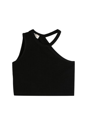 Schwarzes ärmelloses Cropped Top mit einem diagonalen Ausschnitt und einem Schulterträger, der über die andere Seite verläuft.