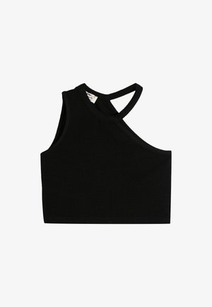 Sort ærmeløs cropped top med en skrå halsudskæring og en strop, der krydser den anden side.