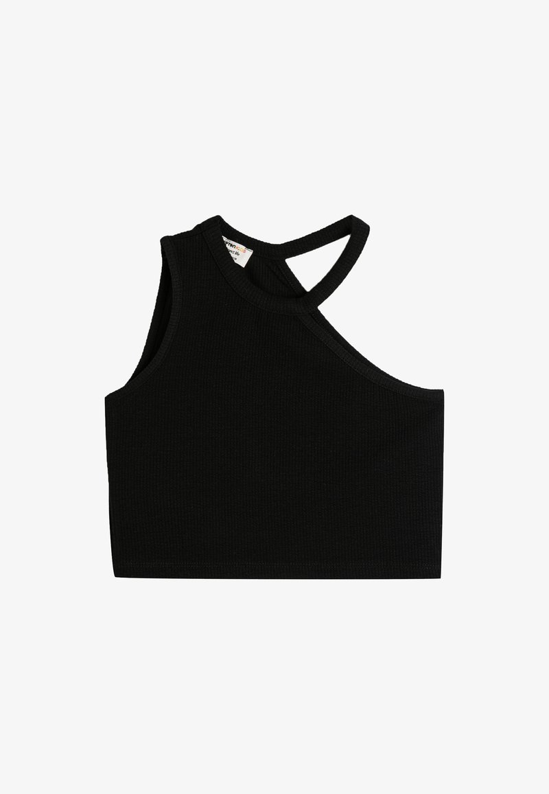 Schwarzes ärmelloses Cropped Top mit einem diagonalen Ausschnitt und einem Schulterträger, der über die andere Seite verläuft.