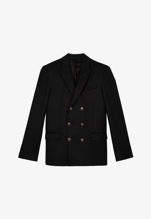Zwarte dubbelzijdige blazer met een gestructureerde vorm, voorzien van satijnen revers, zilveren knopen en twee voorzakken. Gladde stoftextuur.