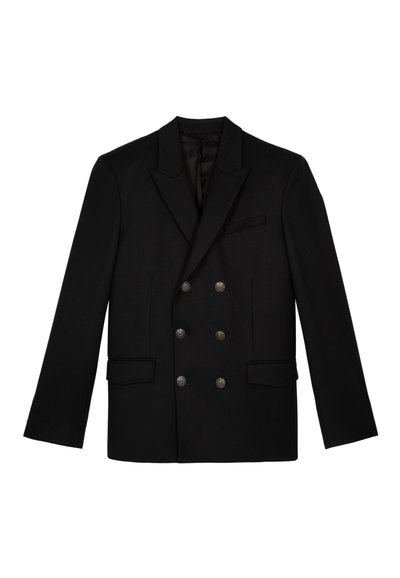 Schwarze doppelt knöpfbare Blazerjacke mit strukturierter Form, ausgestattet mit Satinrevers, silbernen Knöpfen und zwei Fronttaschen. Glatte Stoffstruktur.