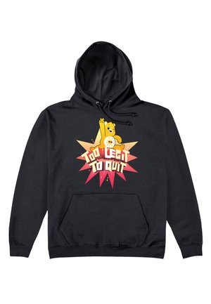 Czarna bluza z kapturem z miękkiego materiału, ozdobiona rysunkiem misia w kolorze żółtym oraz napisem "Too Legit To Quit" w pogrubionych, kolorowych literach i gwiazdkami.