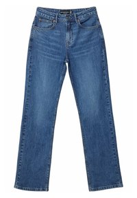 Jeans in denim blu con un design a gamba dritta, cinque tasche e chiusura con bottone. Presentano un leggero sbiadimento e dettagli di cucitura a contrasto.