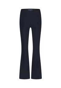 Sorte højtaljede buks med flagrende ben og syninger, der løber lodret ned ad forsiden af benene. Ingen synlige lommer eller dekorationer.