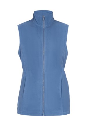 Vesta din fleece albăstruie cu guler înalt și fermoar frontal. Dispune de buzunare laterale și are o textură netedă. Fără mâneci pentru o mișcare ușoară.