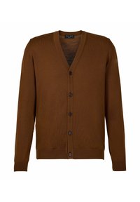 Cardigan marrone con scollatura a V, maniche lunghe e sei bottoni frontali. Realizzato in tessuto a maglia testurizzato, presenta polsini e orlo a coste.