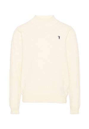 Sweter w kolorze kremowym z długim rękawem, z małym czarnym haftowanym logo na lewej piersi i wysokim okrągłym dekoltem.