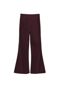 Bordowe spodnie dzwony o gładkiej fakturze, z talią na średniej wysokości i dopasowanymi szwami, zapewniającymi elegancki wygląd.