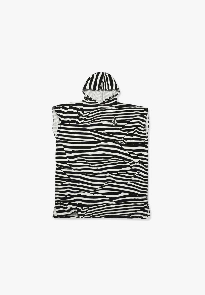 Poncho i sort og hvid zebra-striber med hætte, korte ærmer og blød tekstur. Har et logo på fronten.